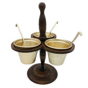 Vtg Enesco Wood Condiment Caddy w/ 3 Cups Spoons MCM Japan